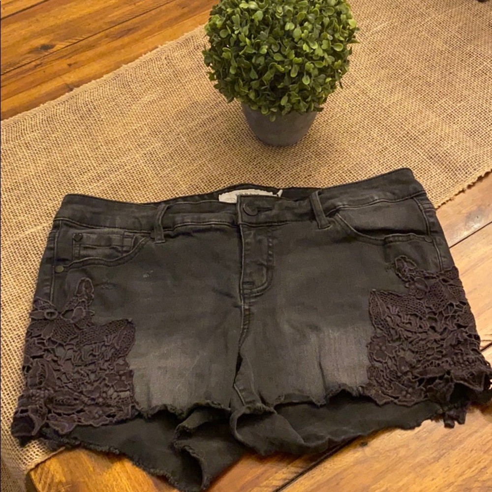 Black Jean Shorts with Floral Design Size 14